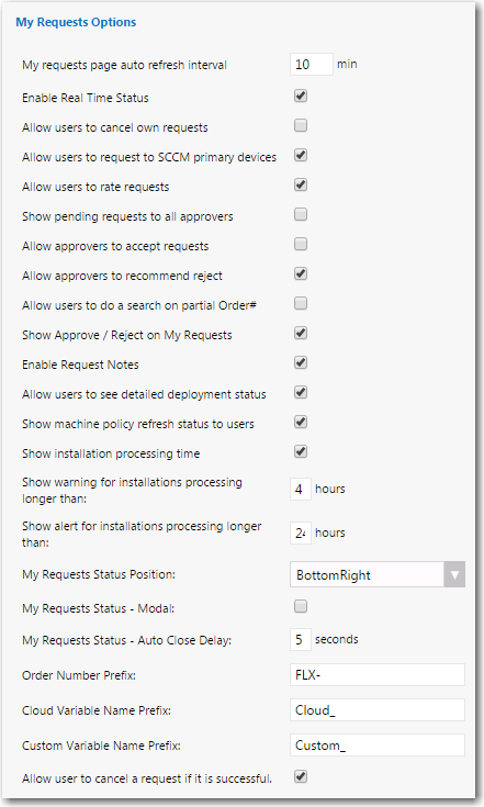 Settings > Web Site View / Catalog Behavior Tab / My Requests Options