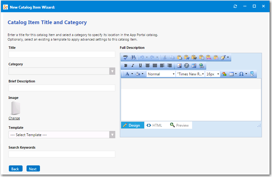 Catalog Item Title and Category panel